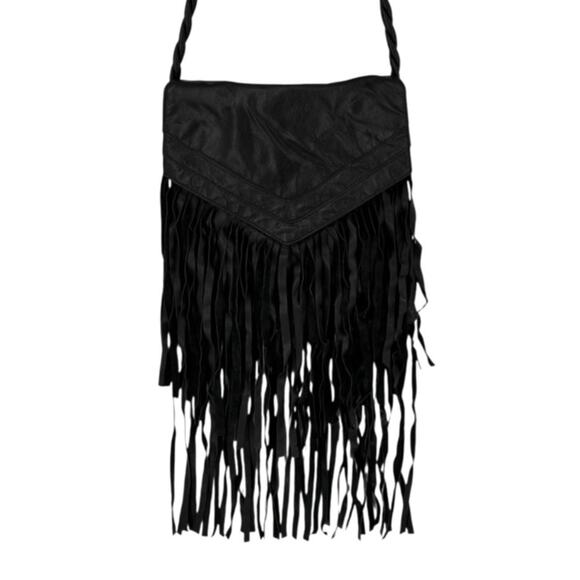 J J Winters Black Leather Crossbody Fringe Purse Braided Strap Bag Boho Western - Picture 1 of 14
